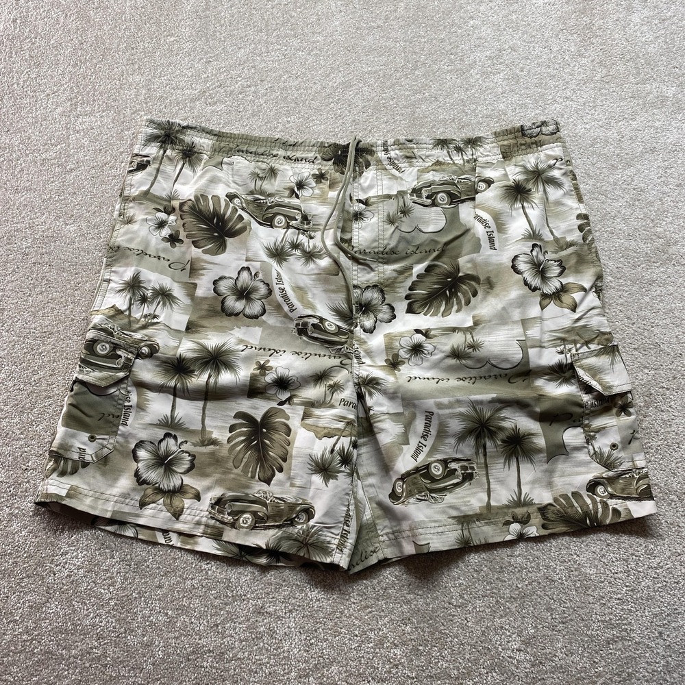 Sand N Sun Swim Trunks Mens Large 36/38 Khaki Paradise‎ Island Car Floral Shorts
